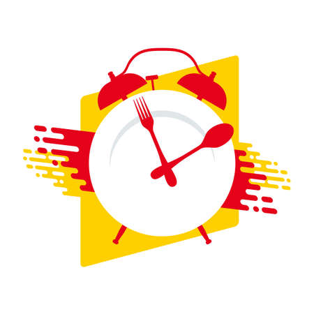 Time eating or fast food   concept - red alarm clock with plate as display, spoon and fork as clock hands - isolated creative illustrationのイラスト素材