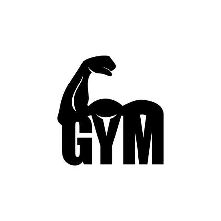 Fitness center   icon - strained muscular arm integrated in GYM letters - monochrome emblem template for sport, fitness room, athletics, body buildingのイラスト素材