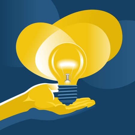 Hand holding glowing light bulb in darkness - vector creative conceptのイラスト素材