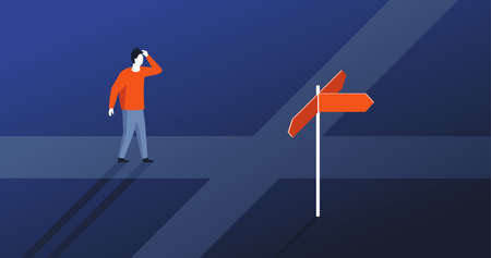 Choosing right direction and making decision concept - confused person stands near signpost and thoughtfully scratches his head - isometric vector illustrationのイラスト素材