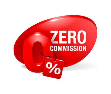 Zero percent commission badge template - 0 in cartoon decoration with tag and place for offer text - isolated vector promo poster or web elementのイラスト素材