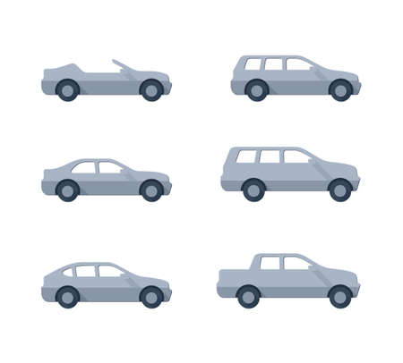Vector cars - set of vector flat automobiles with different car body - sedan, offroad, roadster, pickup, universal, hatchback - icons collectionのイラスト素材