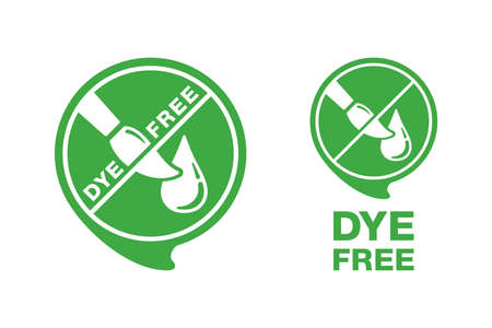 Dye free sign for non-colorant products - crossed out paint brush and drop of liquid in green pin formのイラスト素材