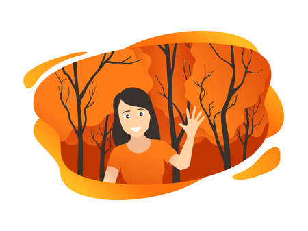 Happy young woman (smiling girl) in autumn park - orange forest landscape on background - isolated vector pictureのイラスト素材
