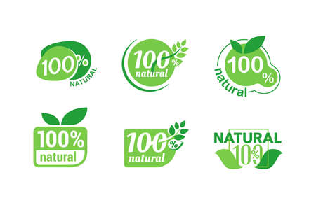 100 natural sticker collection - isolated vector quality stamp for healthy food products in 6 different options - eco-friendly icon setのイラスト素材