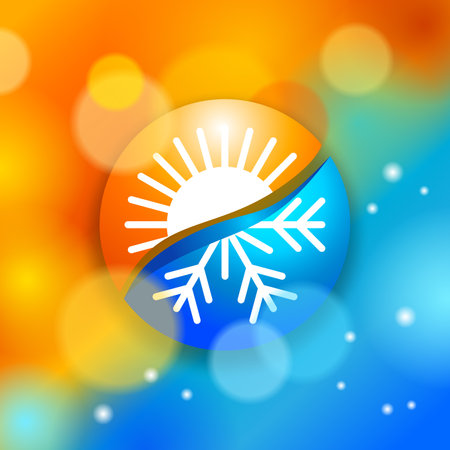 Hot and cold - half sun half snowflake on blurry background - climate control, weather difference conceptのイラスト素材