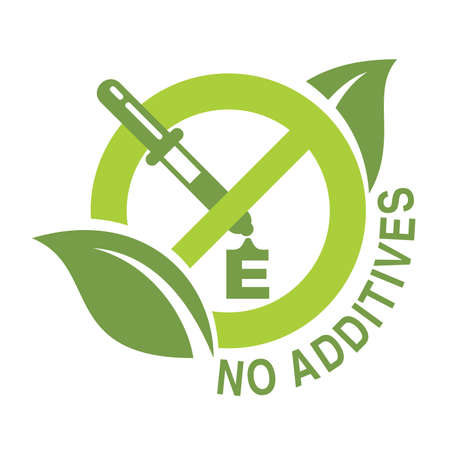 No additives sign - crossed out eyedropper with harmful E letter preservatives liquid inside and leaves around - isolated vector icon for healthy foodのイラスト素材