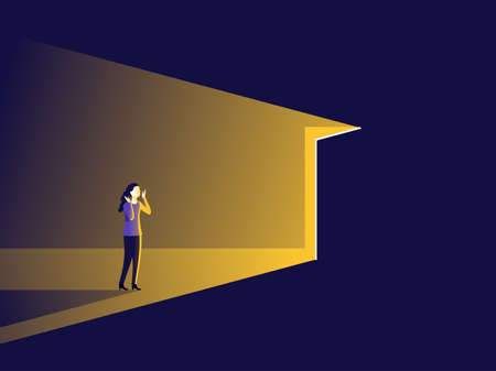 Surprised woman opening door with bright light inside - concept of career, opportunity, business challenge - vector illustration for female business and woman rightsのイラスト素材