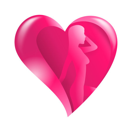 Dating agency emblem or logo - beautiful woman silhouette inside abstract heart shape (love symbol) - isolated pink magenta iconのイラスト素材