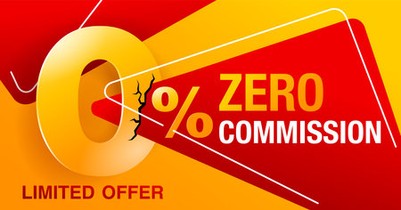 0 percents banner - zero commission special offer layout template with cracked 3D yellow zero digit and red background - vector promo limited offers flyerのイラスト素材