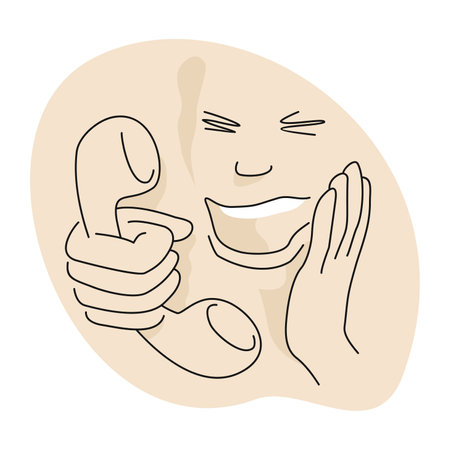 Prank call - telephone call intended by caller as practical joke played on person answering. Thin line drawn man speaks and mocks in phone headsetのイラスト素材
