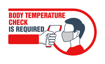 Body temperature check is required red sign - temperature meter in hand and human profile in face mask - attention warning stickerのイラスト素材