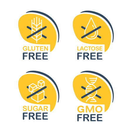 Lactose free pictogram, Sugar free, Gluten free, GMO free - set of food packaging decoration element for healthy natural organic nutritionのイラスト素材