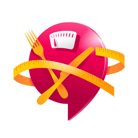 Low Cal and healthy nutrition 3D icon - weight scales with fork, knife and measuring tape around - pictogram for dietary low-cal food products - isolated vector emblemのイラスト素材
