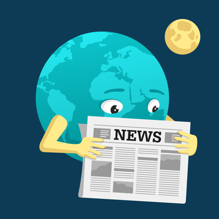 World news illustration. Important international News and facts reporting - Earth globe reading a newspaperのイラスト素材