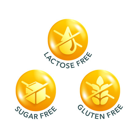 Lactose free 3D glossy pictogram, Sugar free, Gluten free - set of food packaging decoration element for healthy natural organic nutritionのイラスト素材