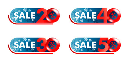 Winter Sale sticker set - 20, 30, 40, 50 percents off red badge with different percentage - isolated promo web buttonのイラスト素材