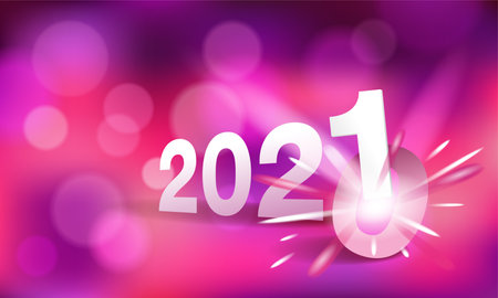 2021 is coming - new year title, changing from 2020 to next year - 0 is destroying by 1 digit on blurry and bright background - vector card or bannerのイラスト素材