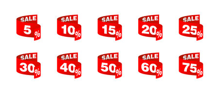 Sales tag markers in red ribbon form with different percentage - 5, 10, 15, 20, 25, 30, 50, 60, 75 percents. Vector illustrationのイラスト素材