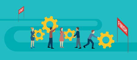 Teamwork concept with business people stand behind Start and Finish banners and cogwheel mechanism...