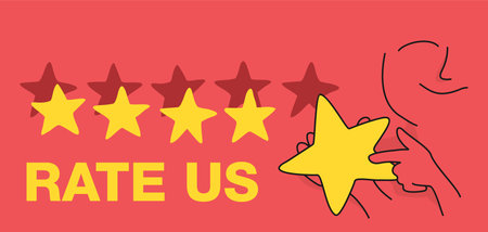 Rate Us motivation - person in thin line sketch style holding star and collecting into positive...