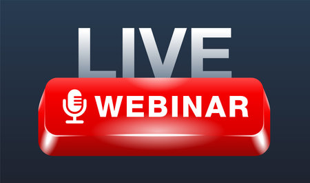 Live webinar banner - red glossy keyboard button with microphone icon and text - isolated vector templateのイラスト素材