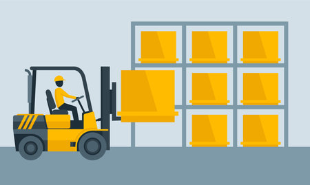 Forklift warehouse equipment working - freight shelf stack packaging loader silhouette with driver - vector truck illustrationのイラスト素材