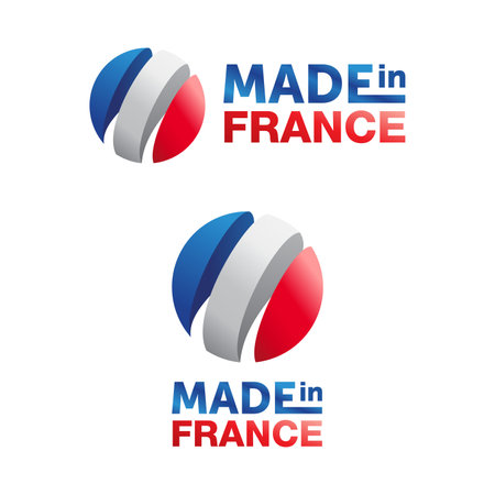 Made in France label tag sticker with 3D French flag in Spherical form. Country of origin icon.のイラスト素材