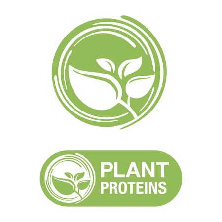 Plant proteins marking stamp - healthy nutrition icon for vegetarian food products packaging - green circle with plant sprout - isolated vector emblemのイラスト素材