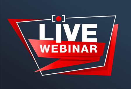 Live webinar button or banner element in 3D polygonal style, with REC pictogram - catchy base frame with Play button and text - vector template for dark backgroundのイラスト素材
