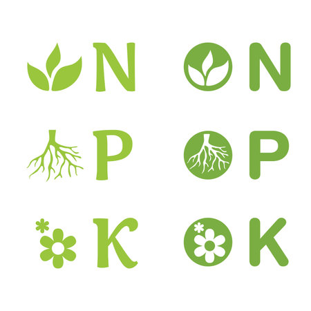 N, P, K icons set - concentration of nitrogen, phosporous and potassium in gardening fertilizers. Nutrients for Leaves, Flower and Rootsのイラスト素材
