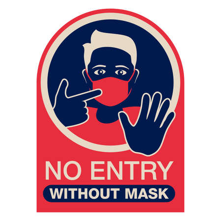 No entry without mask red and blue sticker - person silhouette in virus protective equipment - face mask required prohibit signのイラスト素材