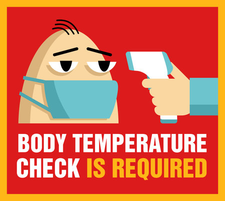 Body temperature check is required poster for door sticker - temperature meter in hand and absctract character in face mask - attention warning posterのイラスト素材