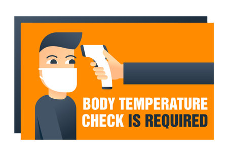 Body temperature check is required sticker - temperature meter in hand and absctract character in face mask - attention warning posterのイラスト素材