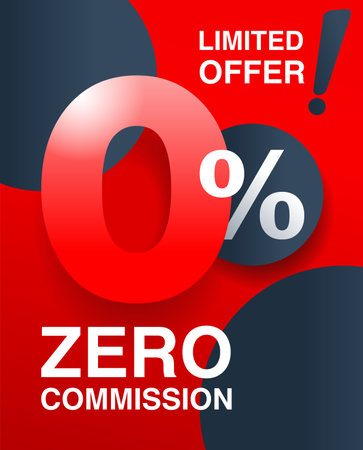 0 percents red banner - zero commission special offer layout template with zero digit and red background - vector promo limited offers flyerのイラスト素材