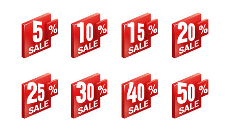 Sales tag set in creative 3D frames, arrow down and different percentage - 5, 10, 15, 20, 25, 30, 40 and 50 percents offのイラスト素材