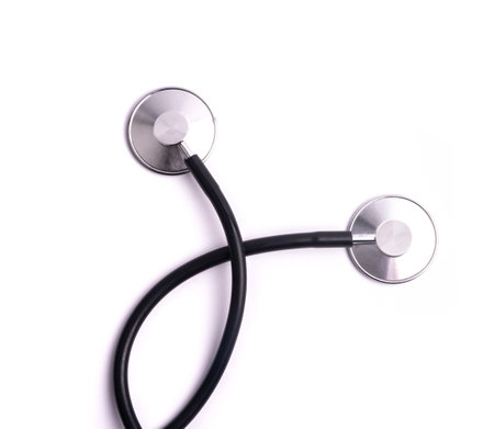 black phonendoscope. Stethoscope on a white background. High quality photoの写真素材