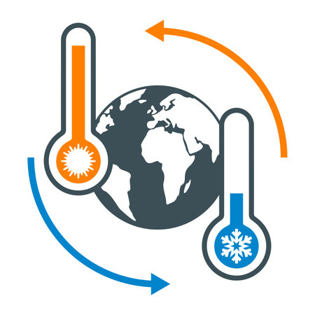 Temperature of earth planet flat icon, Global warming sign, Earth with hot and cold thermometers colorful pictogram. Symbol, illustration. Flat style design. Vector illustrationのイラスト素材