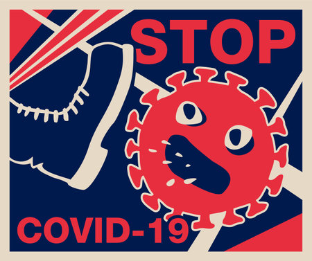 Stop COVID-10 cartoon poster in retro style - Military boot kick coronavirus. Lets fight coronavirus concept. Vector illustrationのイラスト素材