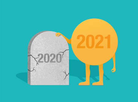 R.I.P. 2020 and hello to 2021 New Year ironic cartoon illustration - funeral of last yearのイラスト素材