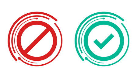 Check and wrong icons set in futuristic style. Check marks. Green tick, red ban. Vector icons. Vector setのイラスト素材