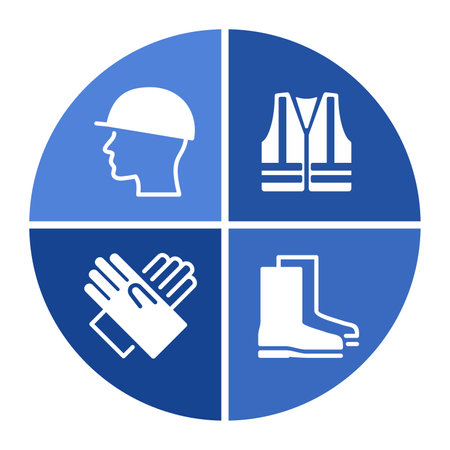 PPE required caution sign in diagram form - Personal protective equipment icons set for industry and working areas under construction - isolated vector collectionのイラスト素材