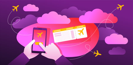 Airline booking office online service illustration - hands holding smartphone, with booking website interface and bying airplane ticket - with paper ticket and abstract cloudy sky on background - vector conceptのイラスト素材