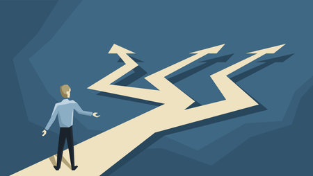 crossroads and man in low poly style, before important choice - correct decision choosing. vector illustration for business concept or political votingのイラスト素材