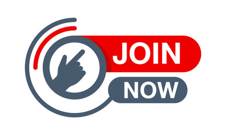 Join Us Now web button - rounded active element with text frame and pointing hand icon - website promo banner decorationのイラスト素材