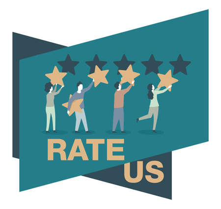 Rate us poster. People holding stars and collecting them into positive feedback - best satisfaction...