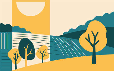 Beautiful abstract landscape in simple cartoon style and using 4 colors. Rural scene with cultivated fields, trees and sunny, cloudy skyのイラスト素材