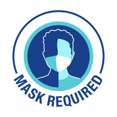Mask Required, No entry without mask sticker - cartoon person character in virus protective equipment - face mask required prohibit signのイラスト素材