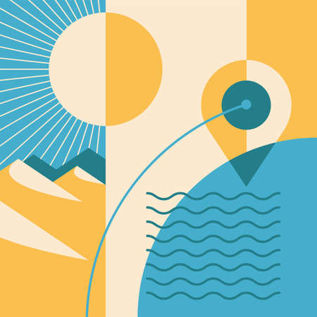Beautiful abstract landscape in simple cartoon style and using 4 colors. Rural scene with house, fields, trees and sunny, cloudy skyのイラスト素材