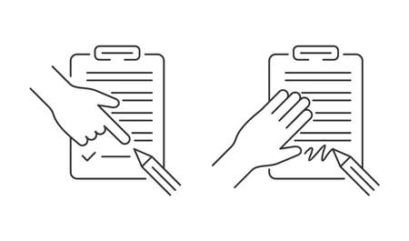 Terms and conditions agreement and contract signing icons in thin line. Pencil with document on clipboard. Vector pictogram.のイラスト素材